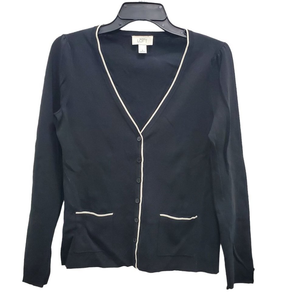 Ann Taylor LOFT Women's Black Knit White Trim Button Up‎ Academia Cardigan Sz S